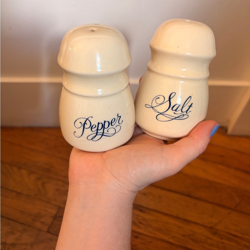 Vintage Salt and Pepper Shakers - White Ceramic with Blue Script